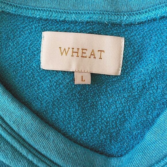 WHEAT Blue Pullover Sweater Raw Edge Hem True Blue Size Large - Picture 3 of 5